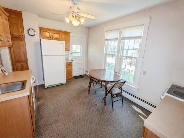 820 Main St, Norwalk, IA 50211 - dining space with baseboard heating, plenty of natural light, ceiling fan, and dark colored carpet