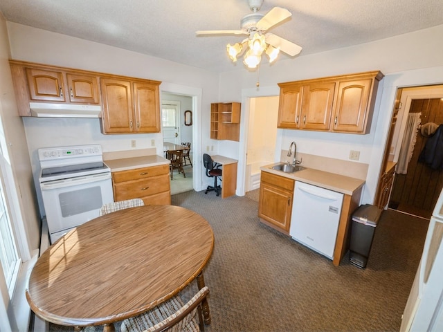 820 Main St, Norwalk, IA 50211 - kitchen featuring white appliances, under cabinet range hood, a sink, dark colored carpet, and light countertops