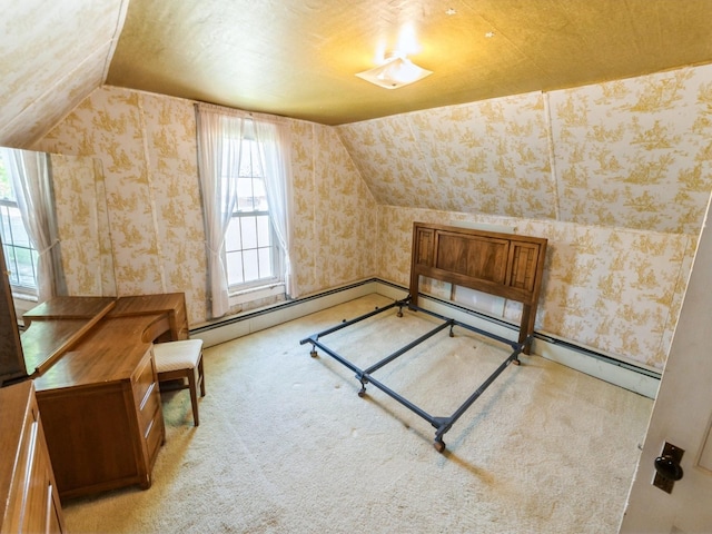 820 Main St, Norwalk, IA 50211 - additional living space with wallpapered walls, a baseboard heating unit, carpet floors, and vaulted ceiling