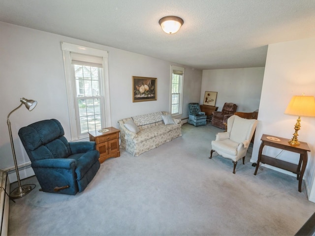 820 Main St, Norwalk, IA 50211 - carpeted living room featuring healthy amount of natural light, a textured ceiling, and a baseboard heating unit