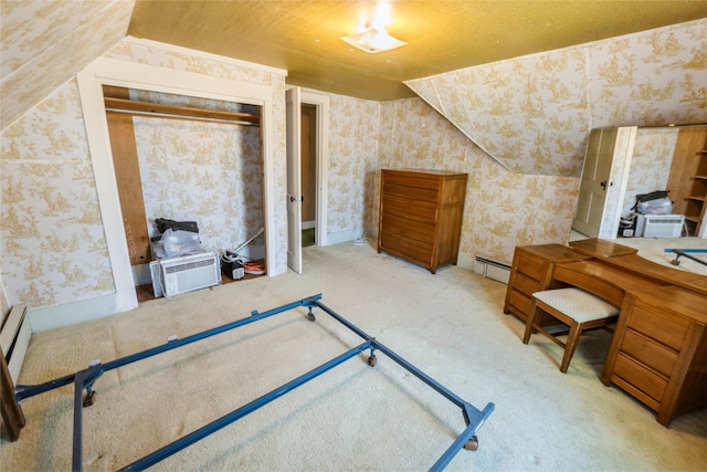820 Main St, Norwalk, IA 50211 - carpeted bedroom with wallpapered walls, baseboard heating, and lofted ceiling