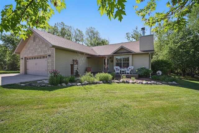 ranch-style home with a garage, a chimney, a front yard, a shingled roof, and concrete driveway