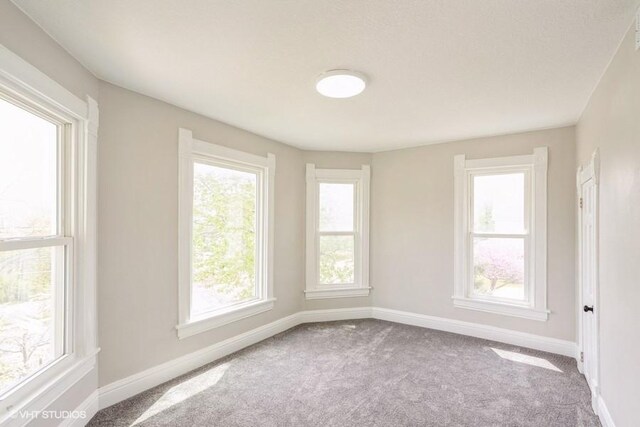 carpeted spare room featuring plenty of natural light and baseboards