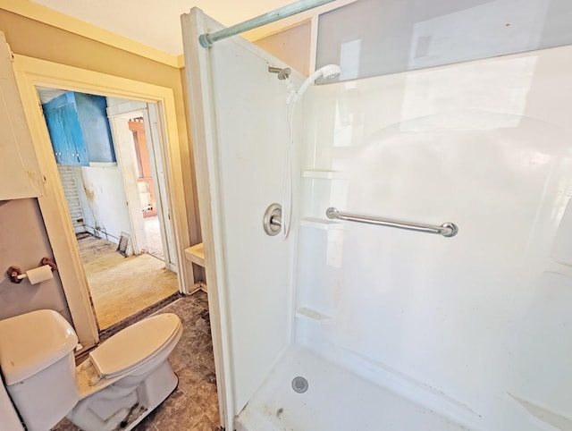 bathroom with a stall shower and toilet
