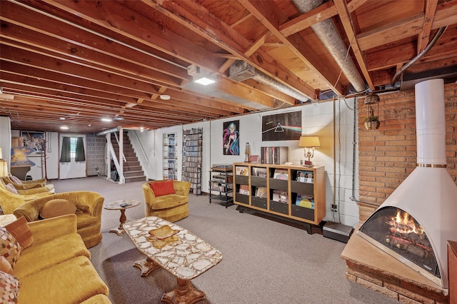 below grade area with stairs and carpet floors