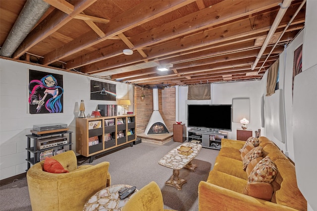 living area featuring carpet and a wood stove
