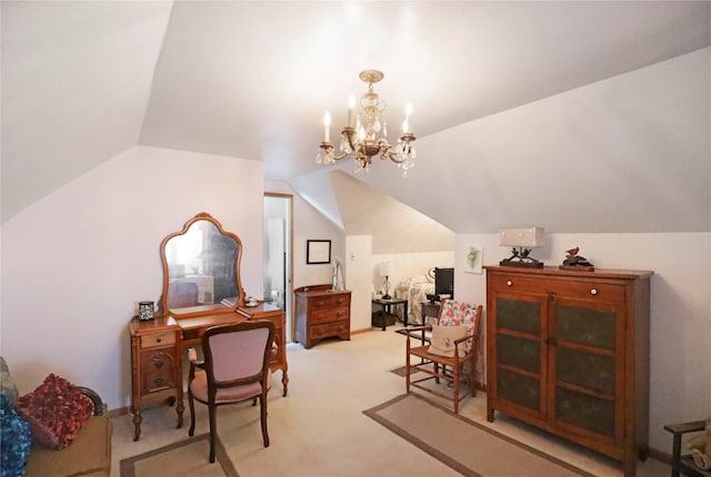 office featuring lofted ceiling, light carpet, and a chandelier