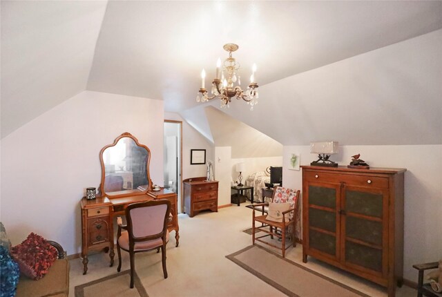 4027 Fagen Dr, Des Moines, IA 50310 - office featuring lofted ceiling, light carpet, and a chandelier