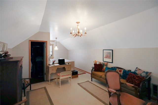 bedroom featuring vaulted ceiling, an office area, carpet flooring, and a chandelier