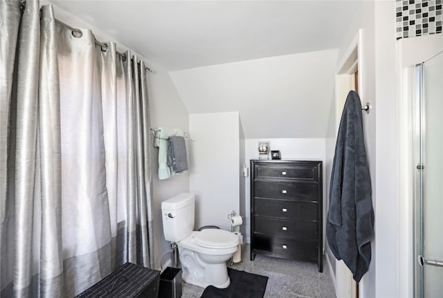 full bathroom featuring toilet, vaulted ceiling, and a shower with shower curtain