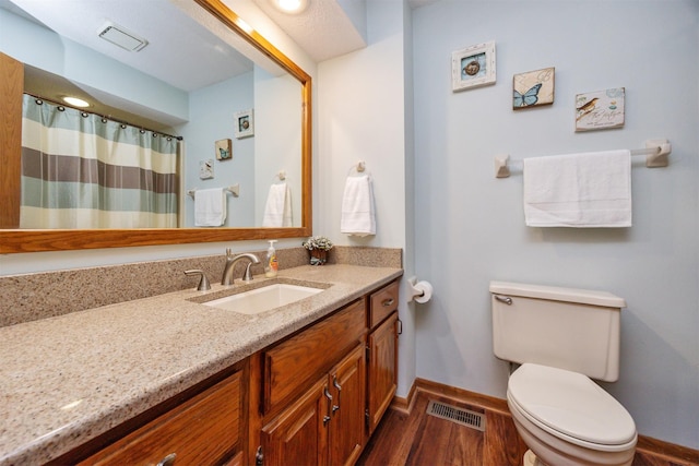 10760 Elmcrest Dr, Clive, IA 50325 - full bathroom with baseboards, wood finished floors, toilet, vanity, and a shower with curtain
