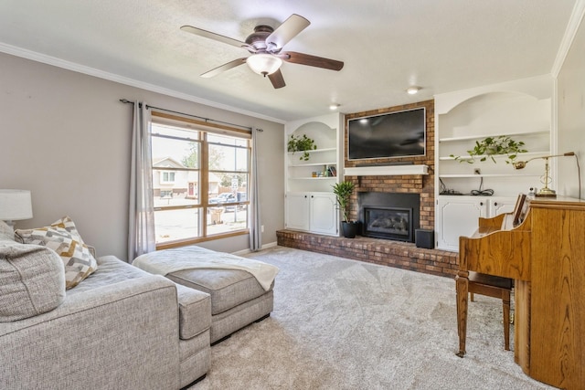 604 NE 8th St, Grimes, IA 50111 - living area featuring carpet flooring, a fireplace, ceiling fan, crown molding, and baseboards