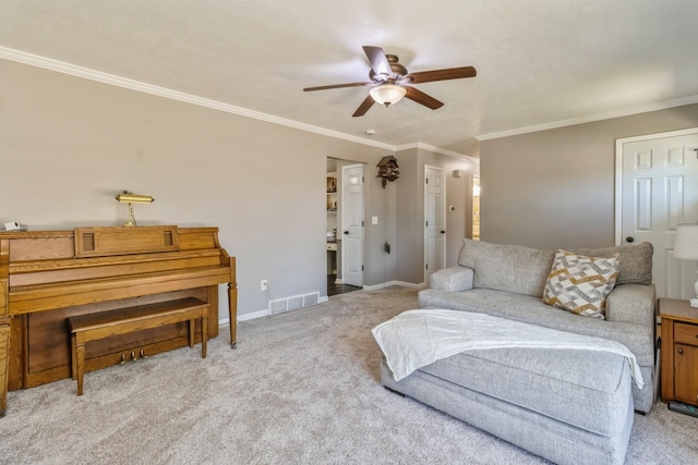 604 NE 8th St, Grimes, IA 50111 - living area with ceiling fan, light colored carpet, crown molding, and baseboards