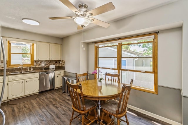 604 NE 8th St, Grimes, IA 50111 - dining area featuring plenty of natural light, dark wood-style flooring, a ceiling fan, and baseboards