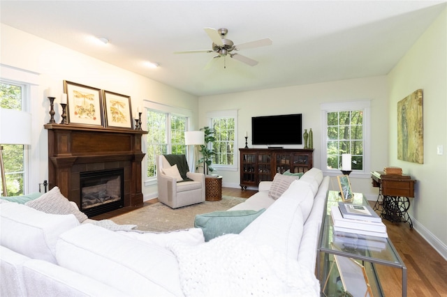 living room featuring a ceiling fan, plenty of natural light, and wood finished floors