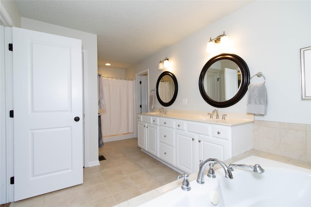 bathroom with tile patterned floors, a garden tub, double vanity, recessed lighting, and curtained shower
