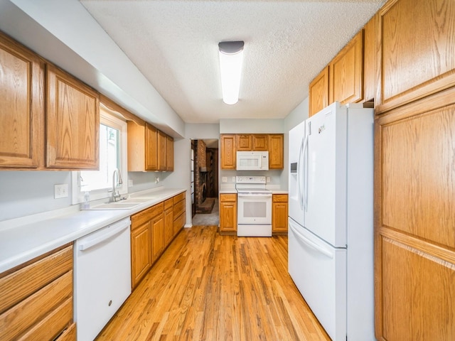 3800 Western Hills Dr, West Des Moines, IA 50265 - kitchen with white appliances, a sink, light wood-style floors, a textured ceiling, and light countertops