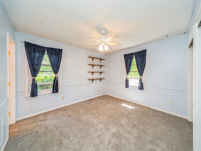 3800 Western Hills Dr, West Des Moines, IA 50265 - spare room featuring carpet, healthy amount of natural light, ceiling fan, a textured ceiling, and a wainscoted wall