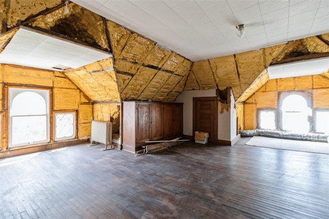 1070 37th St, Des Moines, IA 50311 - additional living space featuring lofted ceiling, wood-type flooring, radiator heating unit, and wood walls