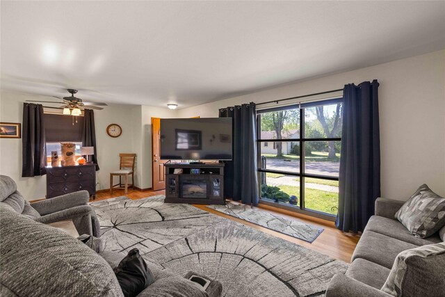 living room featuring wood finished floors and a ceiling fan