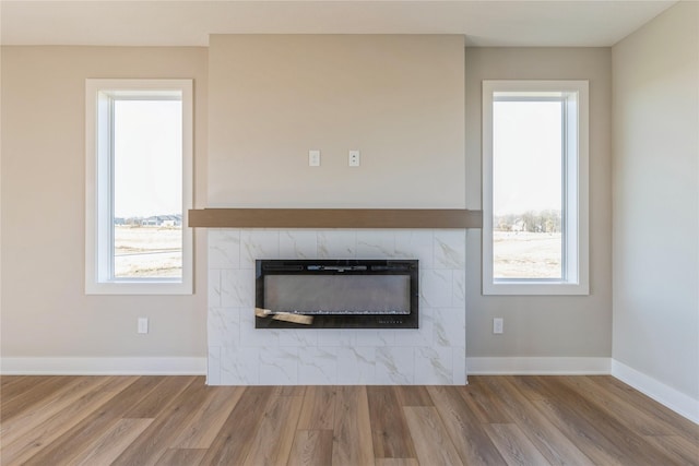 17151 Plum Dr, Urbandale, IA 50323 - detailed view of a fireplace, wood finished floors, and baseboards