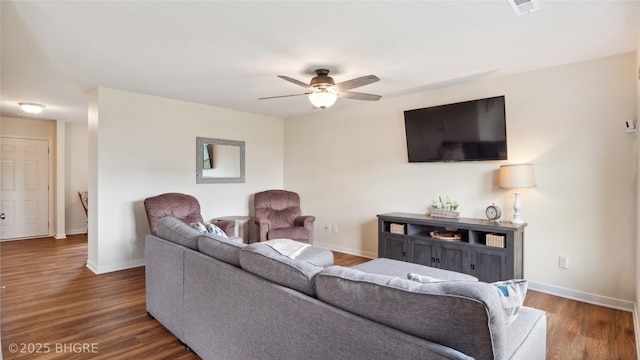 1508 E Euclid Ave, Indianola, IA 50125 - living room with a ceiling fan, wood finished floors, and baseboards