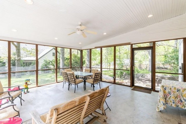 3312 Oakland St, Ames, IA 50014 - sunroom with finished concrete flooring, ceiling fan, vaulted ceiling, outdoor dining area, and recessed lighting