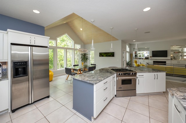 14943 Holcomb Ave, Clive, IA 50325 - kitchen with stainless steel appliances, open floor plan, white cabinets, light stone countertops, and lofted ceiling