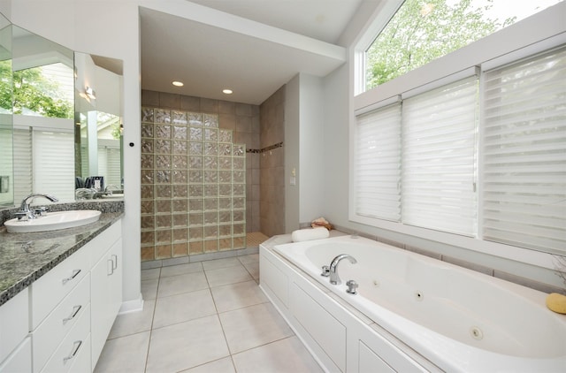 14943 Holcomb Ave, Clive, IA 50325 - full bathroom featuring tile patterned flooring, a walk in shower, vanity, and plenty of natural light