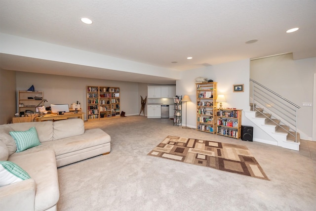 14943 Holcomb Ave, Clive, IA 50325 - carpeted living room featuring recessed lighting, stairs, and baseboards