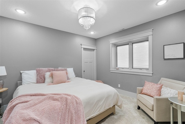 bedroom featuring carpet flooring, recessed lighting, and baseboards