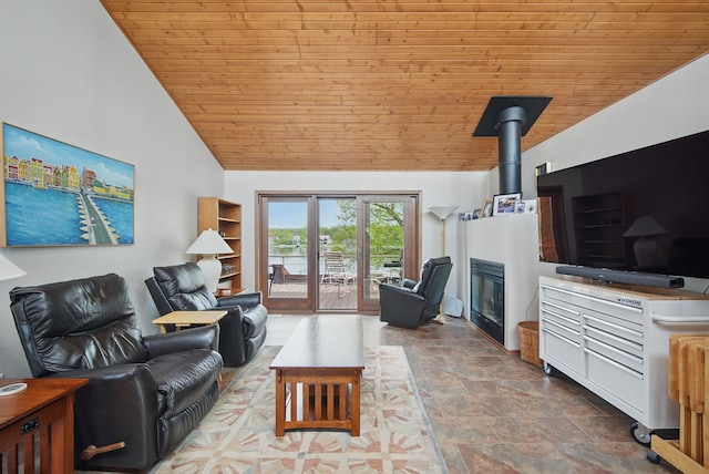 6252 Panorama Dr, Panora, IA 50216 - living room featuring wooden ceiling, stone finish flooring, and high vaulted ceiling