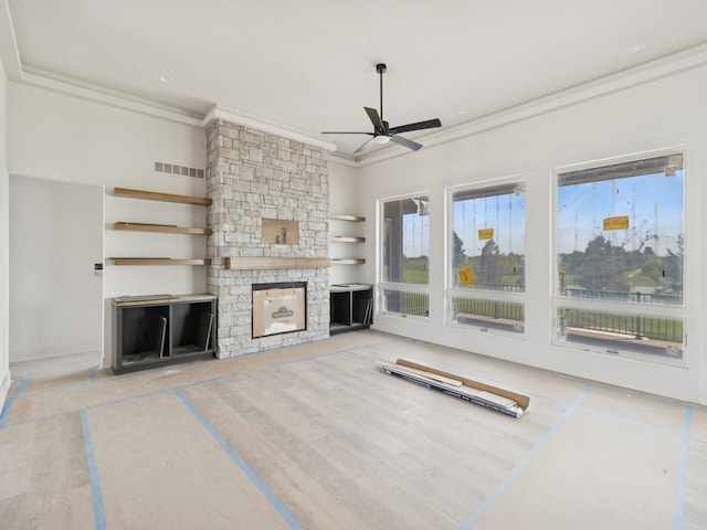 17406 Oakwood Dr, Urbandale, IA 50322 - unfurnished living room with a ceiling fan, ornamental molding, and a fireplace