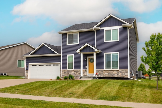 675 SE Maxwell Dr, Waukee, IA 50263 - view of front facade with board and batten siding, an attached garage, a front lawn, concrete driveway, and stone siding