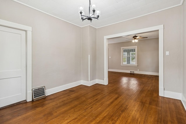 693 35th St, Des Moines, IA 50312 - empty room with a chandelier, wood-type flooring, ornamental molding, baseboards, and ceiling fan