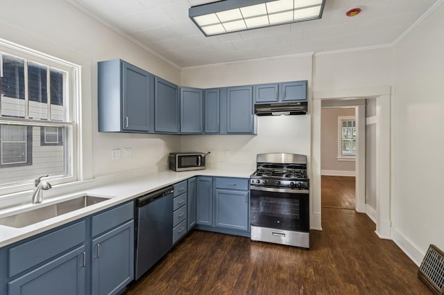 693 35th St, Des Moines, IA 50312 - kitchen featuring appliances with stainless steel finishes, a sink, ornamental molding, blue cabinets, and dark wood-style flooring