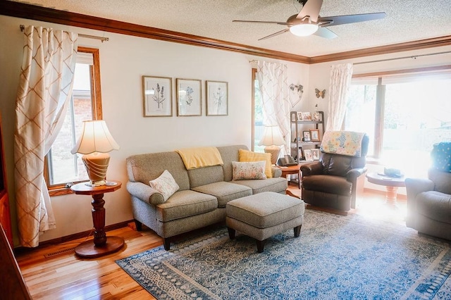 living room with ceiling fan, ornamental molding, a textured ceiling, wood finished floors, and baseboards