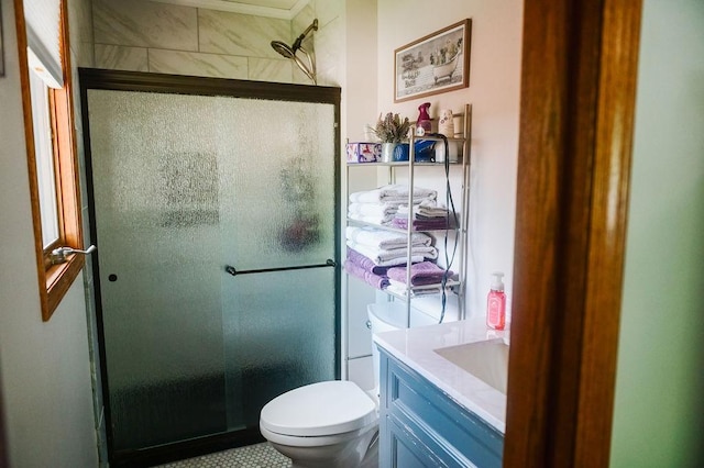 bathroom featuring a shower stall, vanity, and toilet