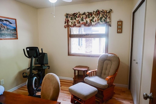 office space featuring wood finished floors, a ceiling fan, and baseboards