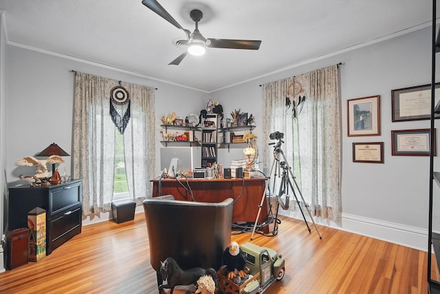 207 Kellogg Ave, Dallas Center, IA 50063 - office with a ceiling fan, crown molding, wood finished floors, and baseboards