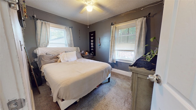 2937 Capitol Ave, Des Moines, IA 50317 - bedroom with light carpet, multiple windows, a textured ceiling, baseboards, and ceiling fan