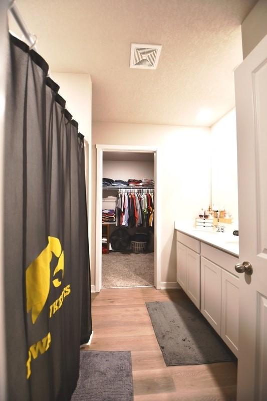 2010 N 7th St, Indianola, IA 50125 - bathroom featuring wood finished floors, vanity, baseboards, and a walk in closet