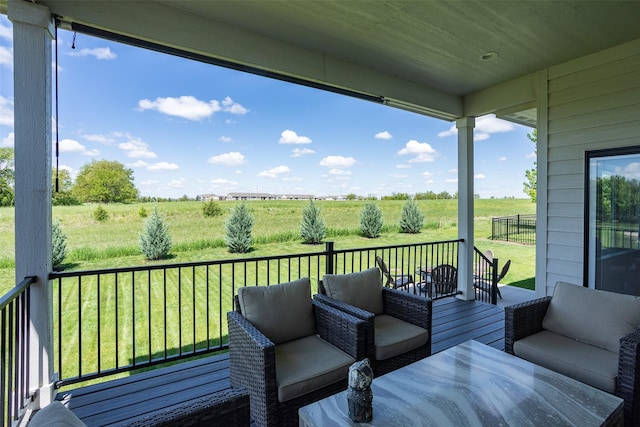 2770 NW 167th St, Clive, IA 50325 - wooden terrace with a view of rural / pastoral area, an outdoor living space, and a lawn