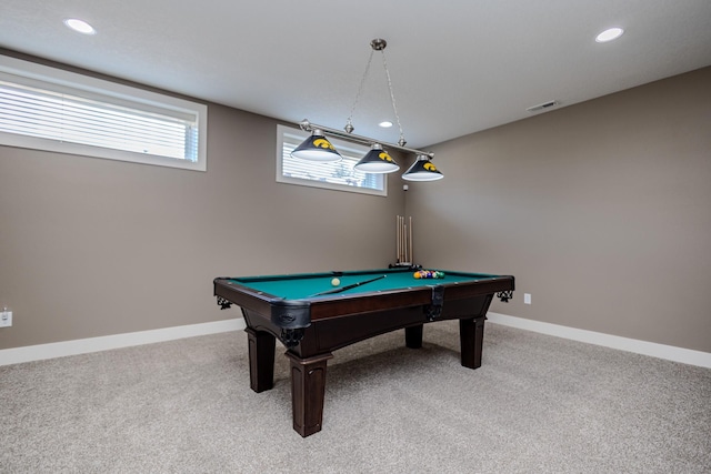 recreation room featuring light colored carpet, pool table, plenty of natural light, and recessed lighting