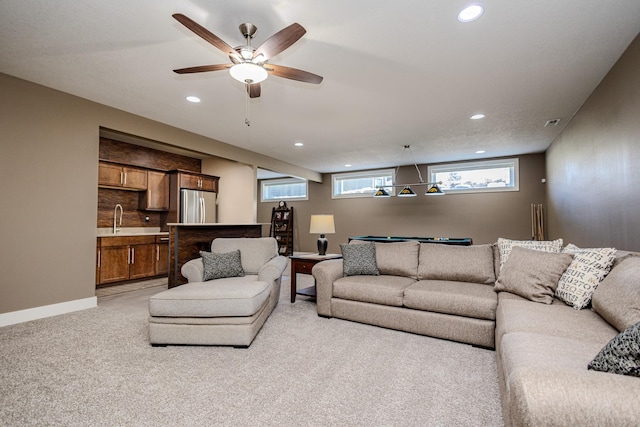 living area featuring recessed lighting, light carpet, a ceiling fan, pool table, and baseboards