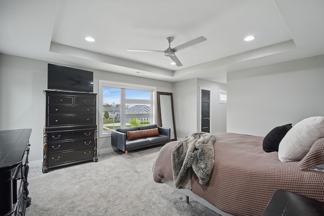 16202 Brookview Dr, Urbandale, IA 50323 - bedroom featuring a tray ceiling, carpet, recessed lighting, a ceiling fan, and baseboards