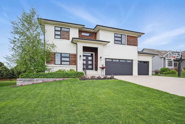 16202 Brookview Dr, Urbandale, IA 50323 - modern home with stucco siding, concrete driveway, a front lawn, and a garage