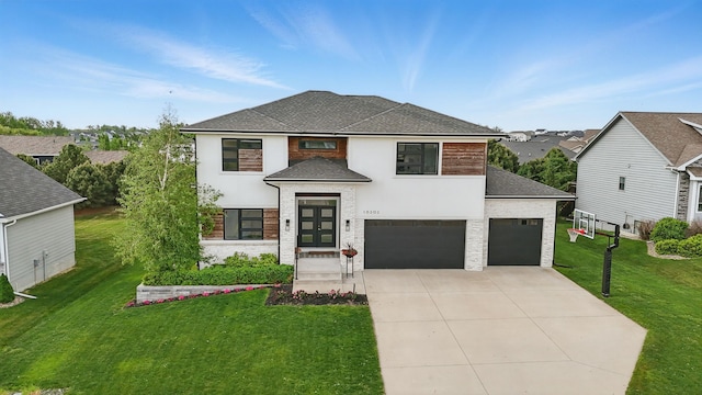 16202 Brookview Dr, Urbandale, IA 50323 - modern home featuring driveway, a shingled roof, a front lawn, an attached garage, and stucco siding