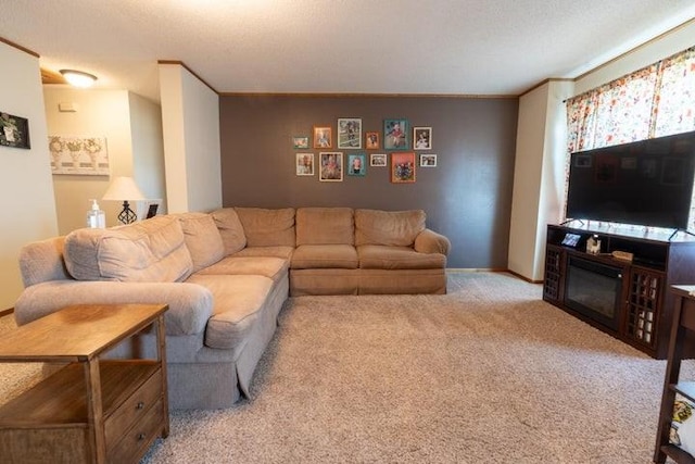 2002 12th St, Eldora, IA 50627 - living room featuring carpet floors and crown molding