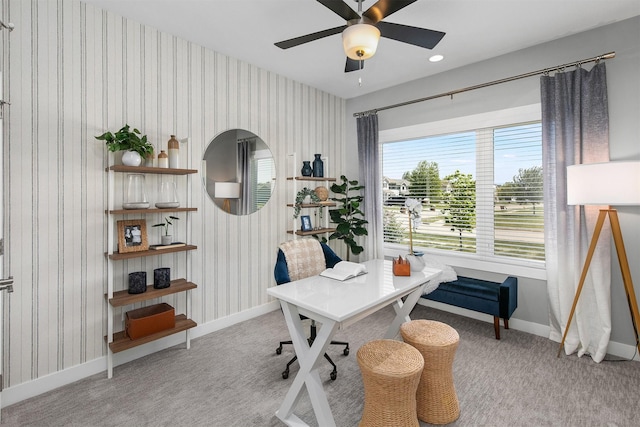 1350 97th St, West Des Moines, IA 50266 - office area featuring baseboards, wallpapered walls, ceiling fan, and carpet floors